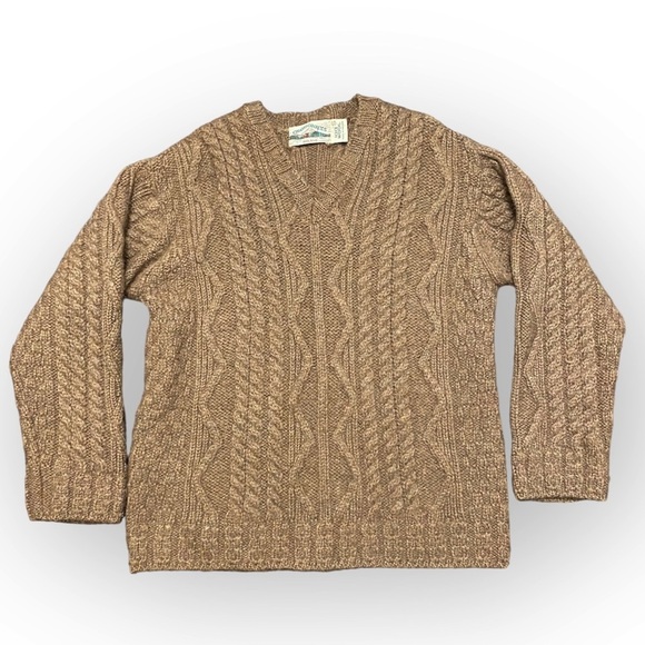 Aran Crafts 100% Wool Fisherman Knit V Neck Sweater Ireland Retro Grandpa Brown - Picture 1 of 7
